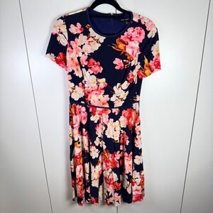 Maggy London Womens 4‎ Navy Floral Short Sleeve Fit Flare Dress Feminie Cottage